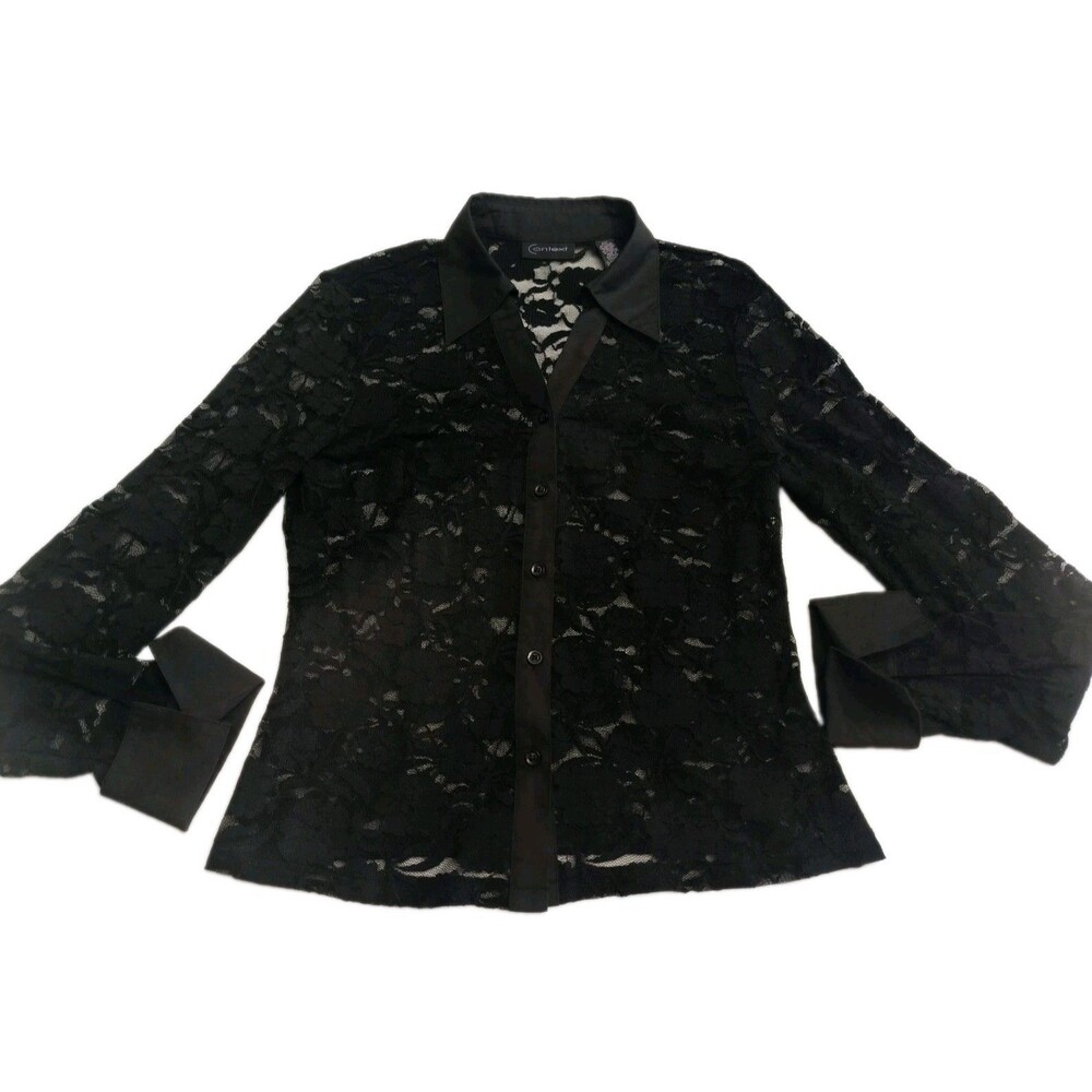 Context Lace Sheer Collared Neck Long Sleeve Shirt Top Women Black Size 10